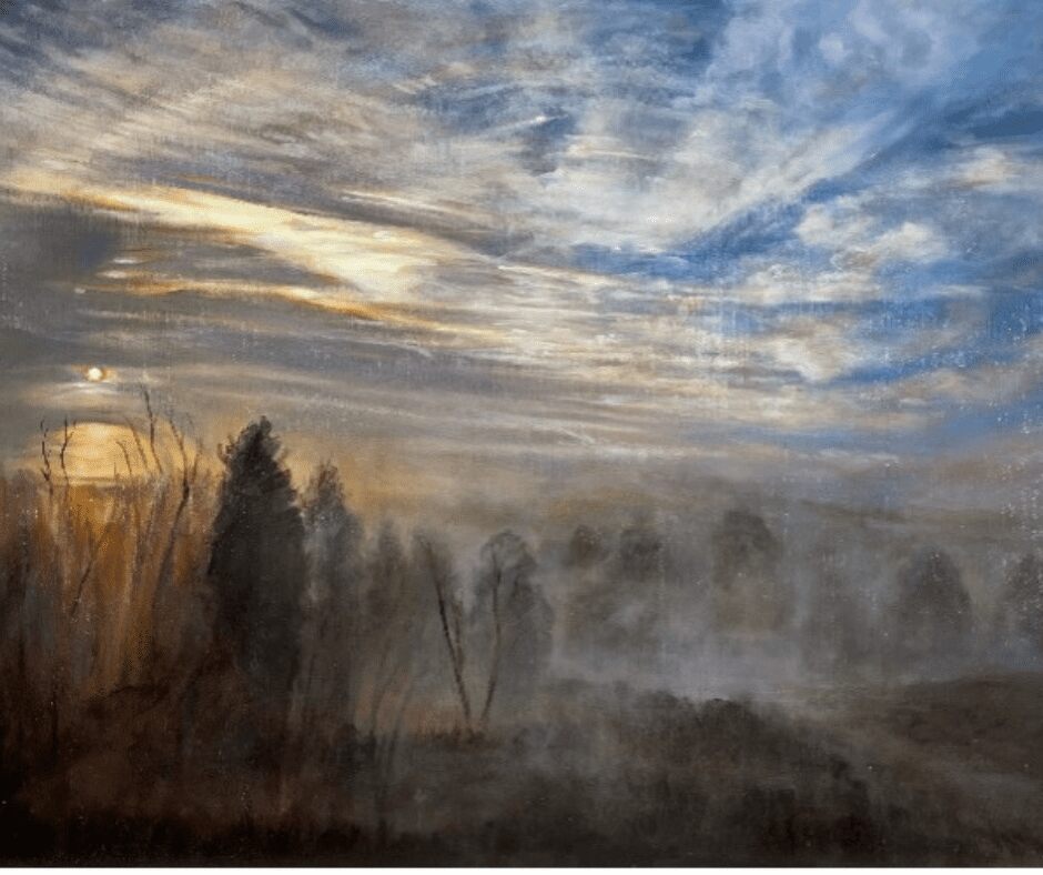 image of trees in mist painting