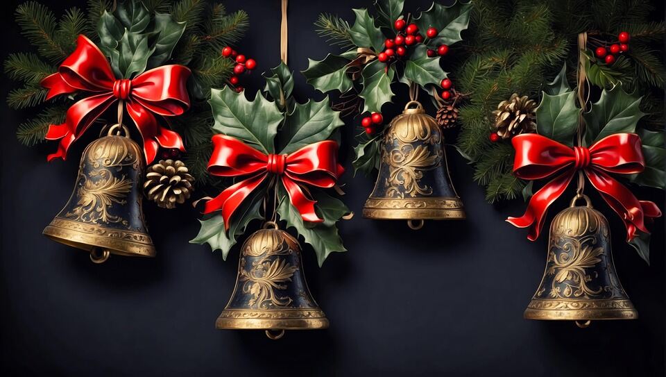 Bells with red ribbons and holly